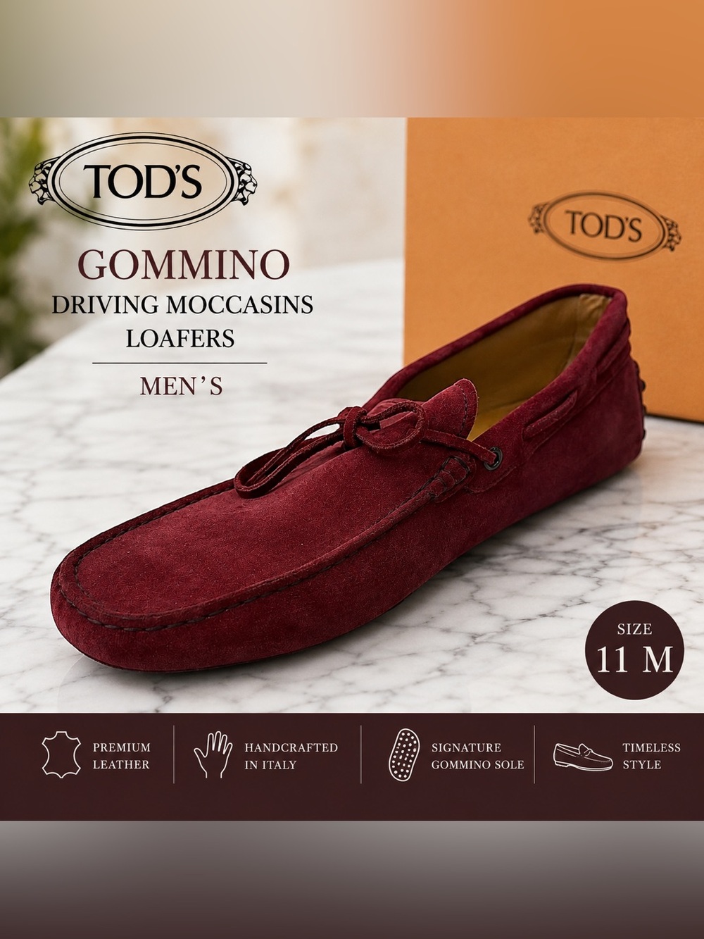 Tod’s Men’s Burgundy Leather Gommino Driving Moccasins Loafers Size 11 M